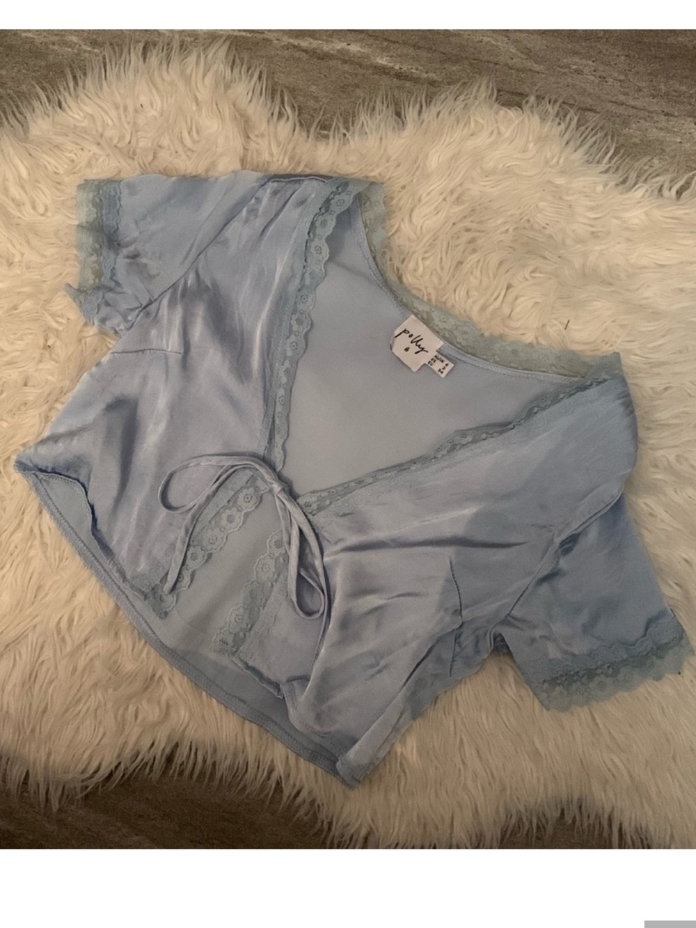 Princess Polly Pale Blue Satin Wrap Crop Top with Lace Trim